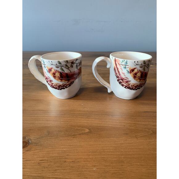 Pier 1 Imports Feather Branch Hand Painted Ironstone Set of 2 Coffee Mug Cups - Picture 4 of 10